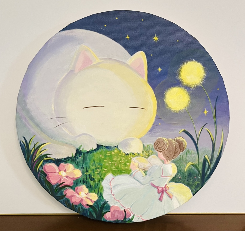 加筆版✨円形キャンバス原画『星空にゃんこ』