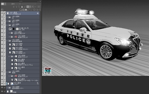 【マンガ背景用素材】【警察】パトカーB⑥【夜/昼/トーンなしセット】【3変化対応】【zip転送で中身はclipファィル】