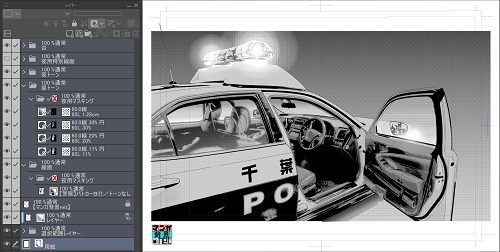 【マンガ背景用素材】【警察】パトカーB⑰【夜/昼/トーンなしセット】【3変化対応】【zip転送で中身はclipファィル】
