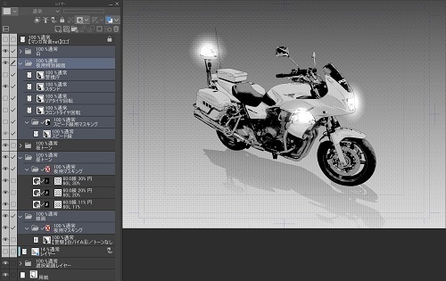 【マンガ背景用素材】【警察】白バイA⑥【夜/昼/トーンなしセット】【3変化対応】【zip転送で中身はclipファィル】