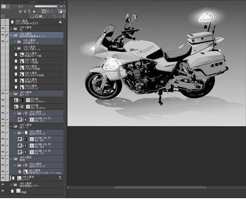【マンガ背景用素材】【警察】白バイA③【夜/昼/トーンなしセット】【3変化対応】【zip転送で中身はclipファィル】