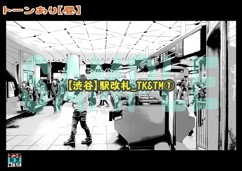 【マンガ背景用素材】【渋谷】駅改札_TK&TM①【夜/昼/トーンなしセット】【3変化対応】【zip転送で中身はclipファィル】
