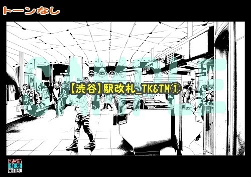 【マンガ背景用素材】【渋谷】駅改札_TK&TM①【夜/昼/トーンなしセット】【3変化対応】【zip転送で中身はclipファィル】