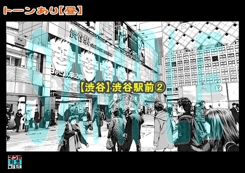 【マンガ背景用素材】【渋谷】渋谷駅前②【夜/昼/トーンなしセット】【3変化対応】【zip転送で中身はclipファィル】
