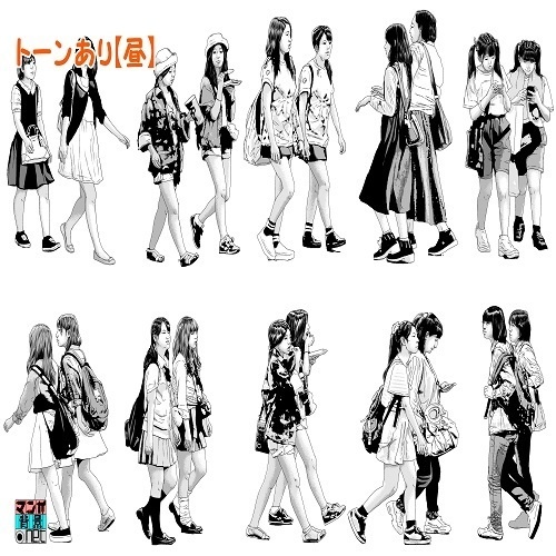 【マンガ背景用素材】【モブ】ウォーカー_女2人組_春夏秋服①【夜/昼/トーンなしセット】【7変化対応】【zip転送で中身はclipファィル】
