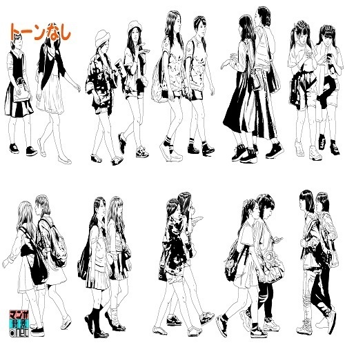 【マンガ背景用素材】【モブ】ウォーカー_女2人組_春夏秋服①【夜/昼/トーンなしセット】【7変化対応】【zip転送で中身はclipファィル】