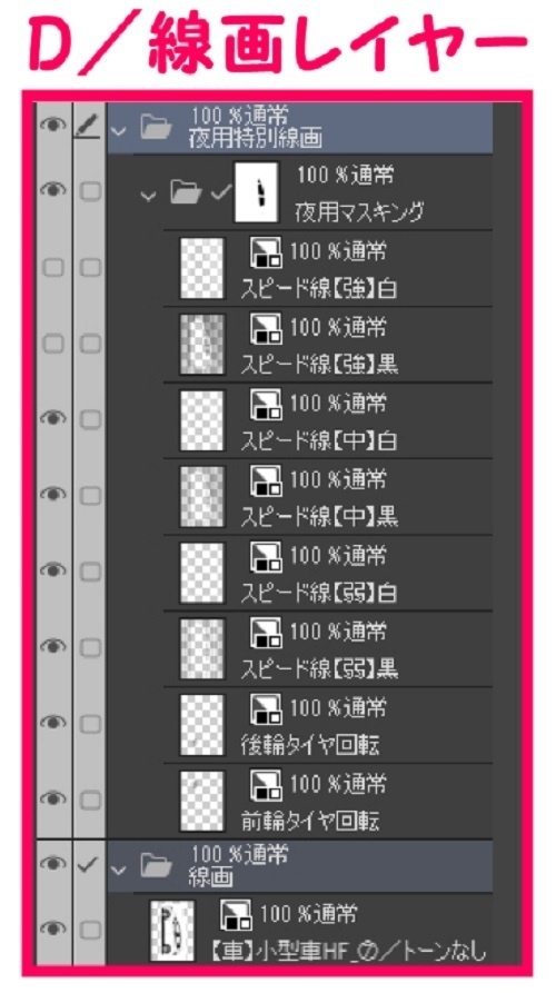【マンガ背景用素材】【車】ハッチバック車_HF⑦【夜/昼/トーンなしセット】【3変化対応】【zip転送で中身はclipファィル】