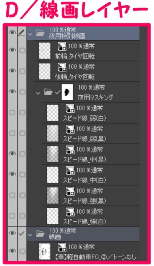 【マンガ背景用素材】【車】軽自動車FC_②【夜/昼/トーンなしセット】【3変化対応】【zip転送で中身はclipファィル】