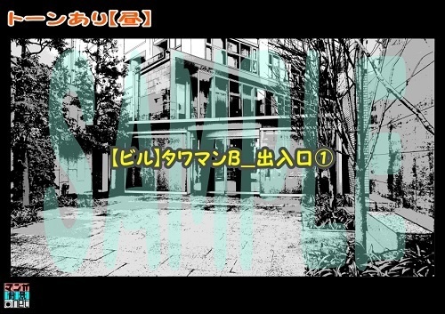 【マンガ背景用素材】【ビル】タワマンB_出入口①【夜/昼/トーンなしセット】【3変化対応】【zip転送で中身はclipファィル】