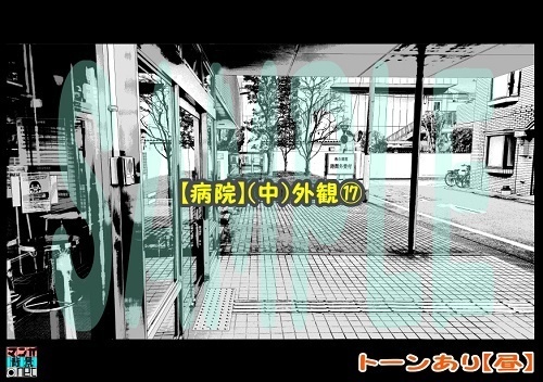 【マンガ背景用素材】【病院】(中)外観⑰【夜/昼/トーンなしセット】【3変化対応】【zip転送で中身はclipファィル】