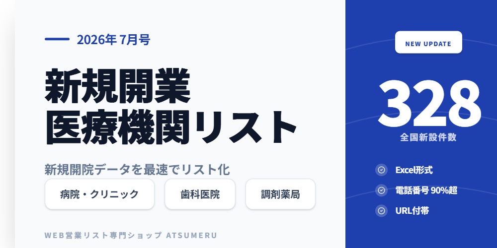【2026年7月号】新設医療機関リスト(病院・クリニック・歯科・調剤薬局)全328件|開業情報をWeb速報でリスト化|先行アプローチ用