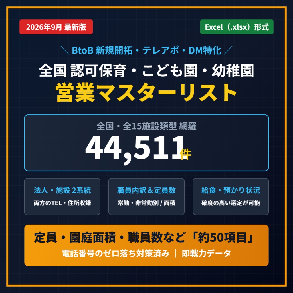 【2026年9月最新】全国 認可保育・幼稚園・こども園 営業リスト 44,511件（Excel形式）