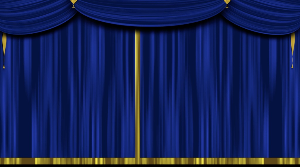 カーテンがオープン 舞台の幕開き 青いどんちょう Ocplanning Booth