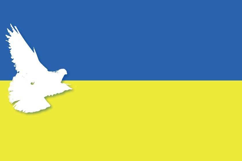 ウクライナの平和への願いの国旗と白いハト Ocplanning Booth