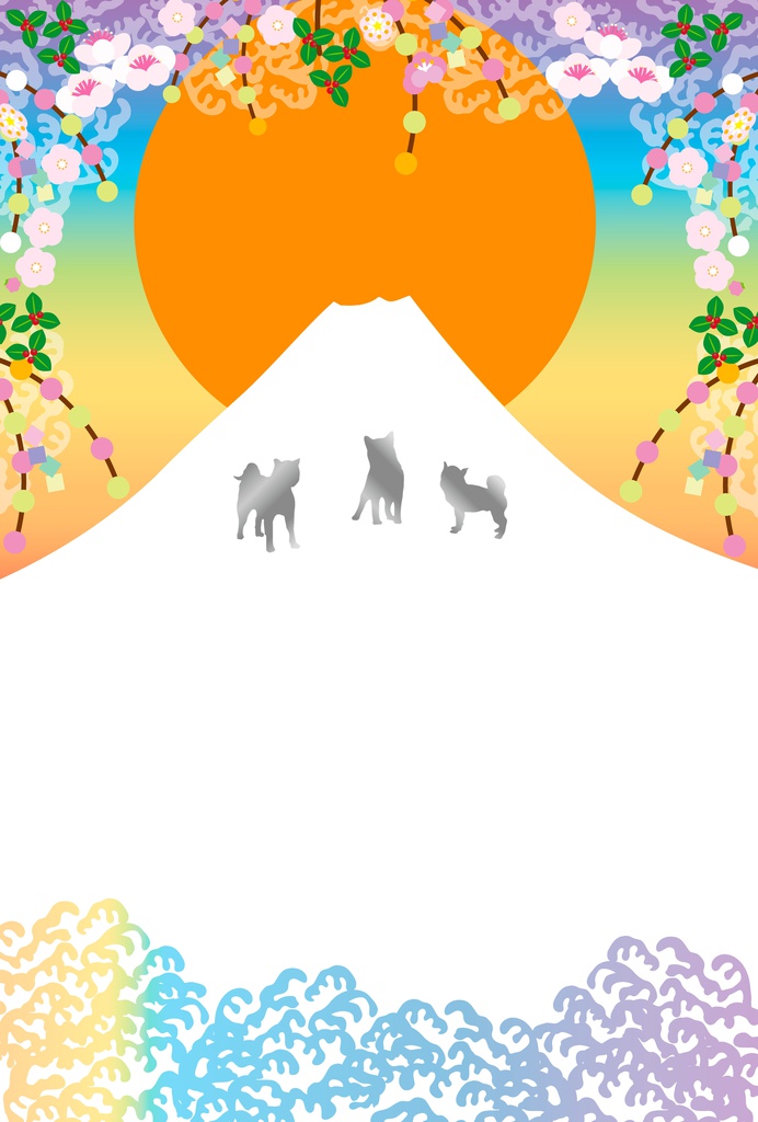 富士山と日の出と犬のカラフルなポストカード