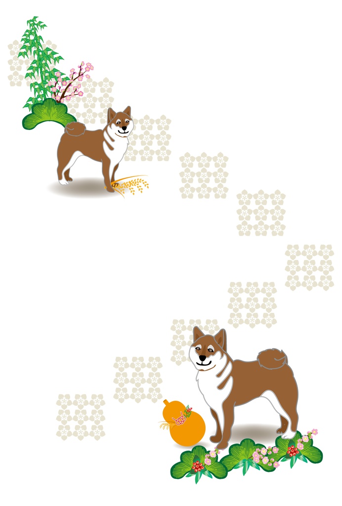 柴犬とひょうたんと松竹梅の和風ポストカード
