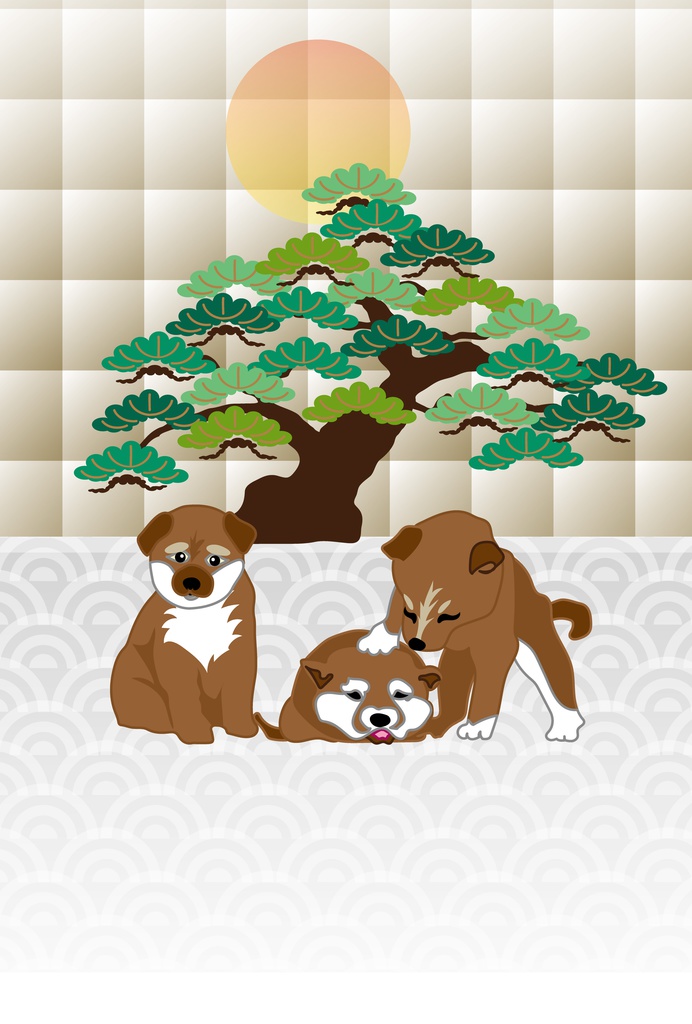 三匹の柴犬の子犬と松の木の和風ポストカード Ocplanning Booth