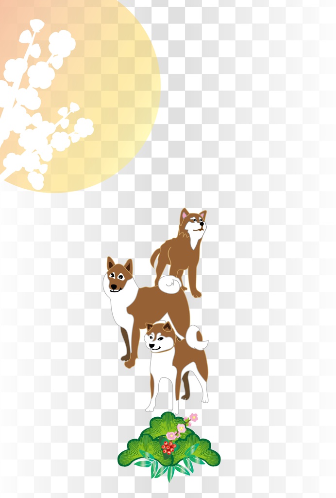 三匹の柴犬と梅の花模様の和風ポストカード