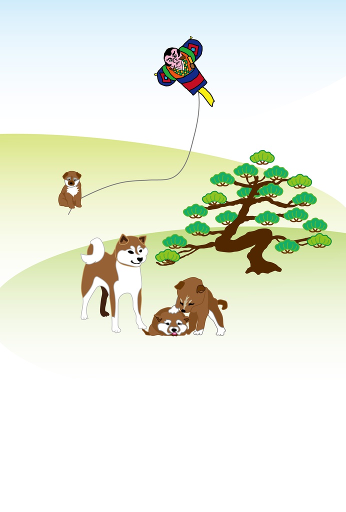 柴犬と松の木と凧揚げのポストカード
