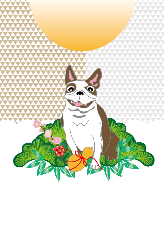 犬と松竹梅のポップなポストカード