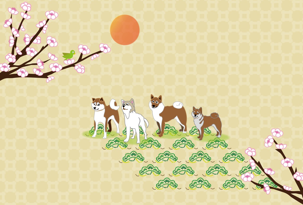 柴犬と梅の花と鶯の和風ポストカード