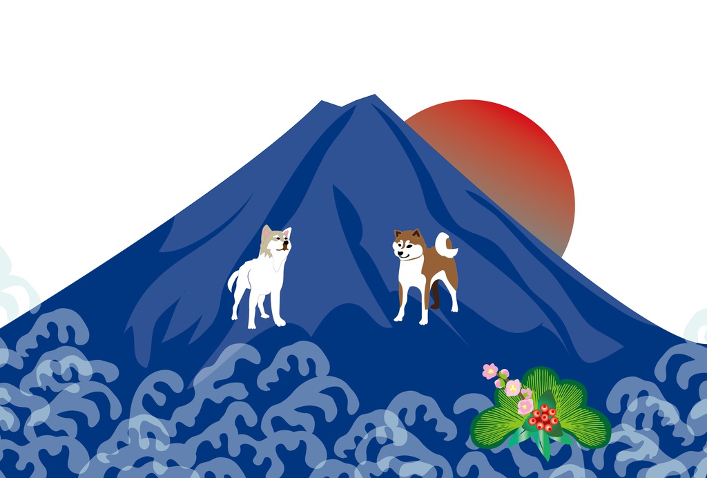 柴犬と青い富士山と日の出の和風ポストカード