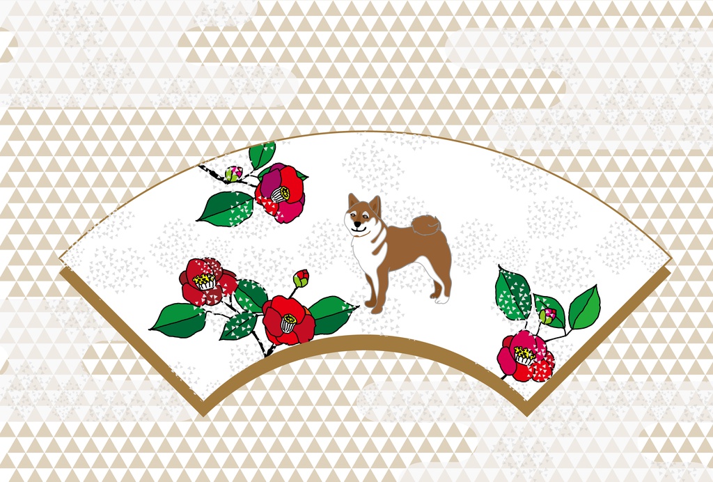 柴犬と椿の花の和風郵便葉書