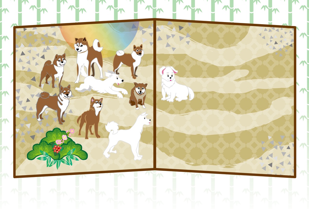 柴犬と松の葉の和風ポストカード