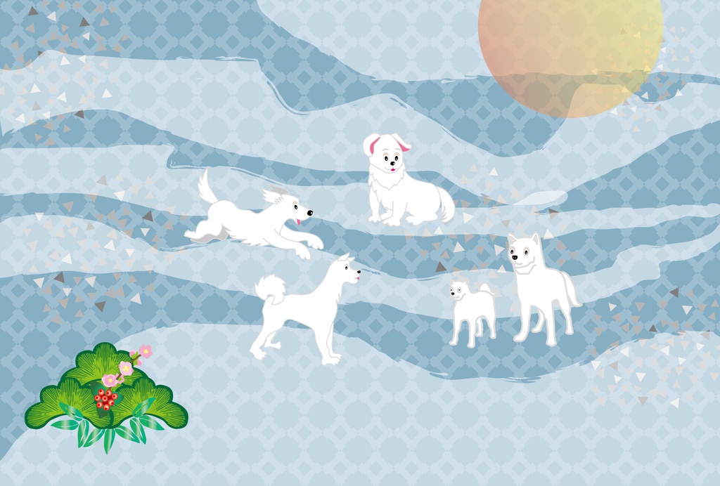 白い犬と松の葉の和風ポストカード