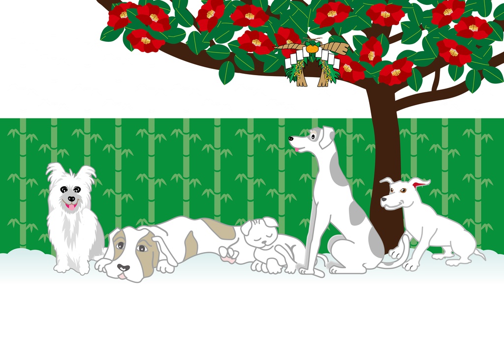 犬と椿の木のポップなメッセージカード