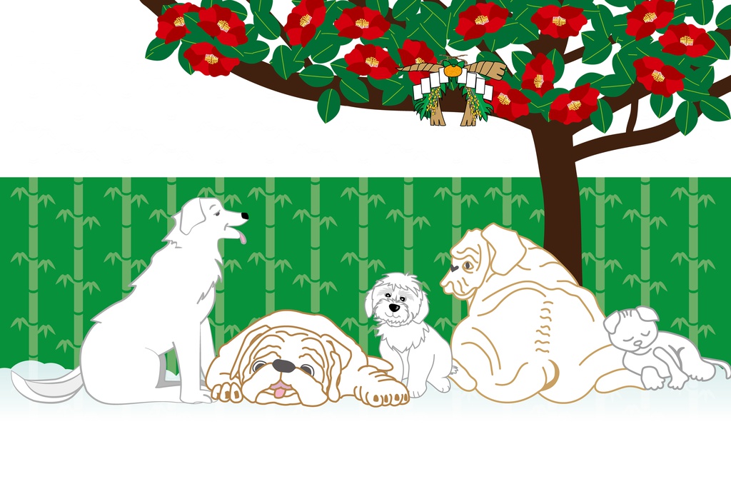 犬と椿の木のポップなメッセージカード