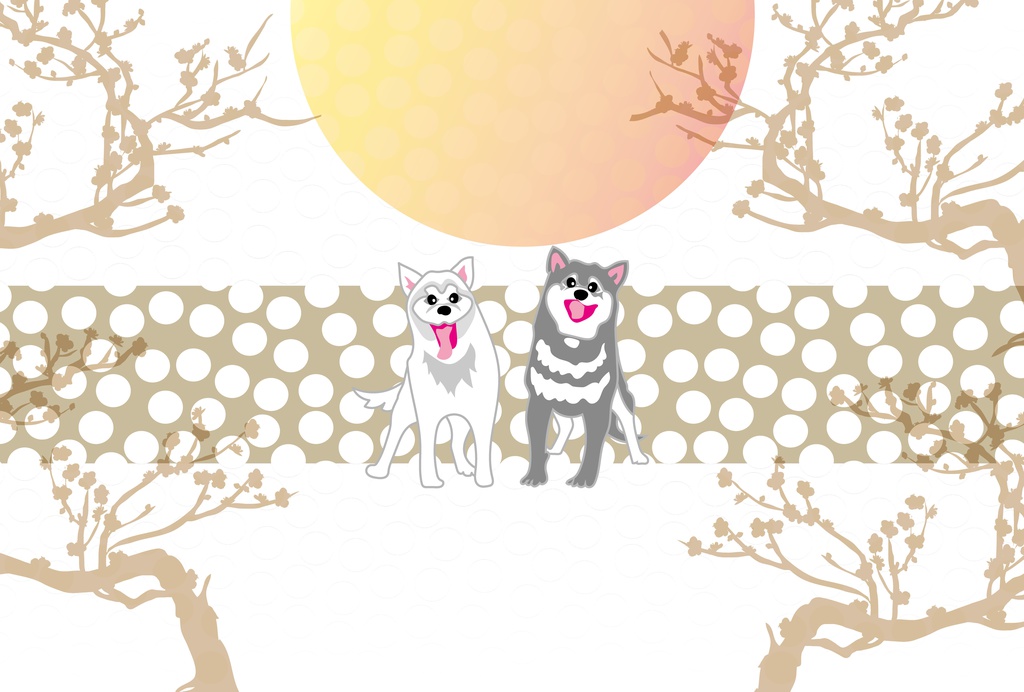 柴犬と梅の木の和風グリーティングカード