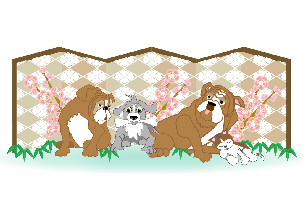 犬と猫の和風グリーティングカード