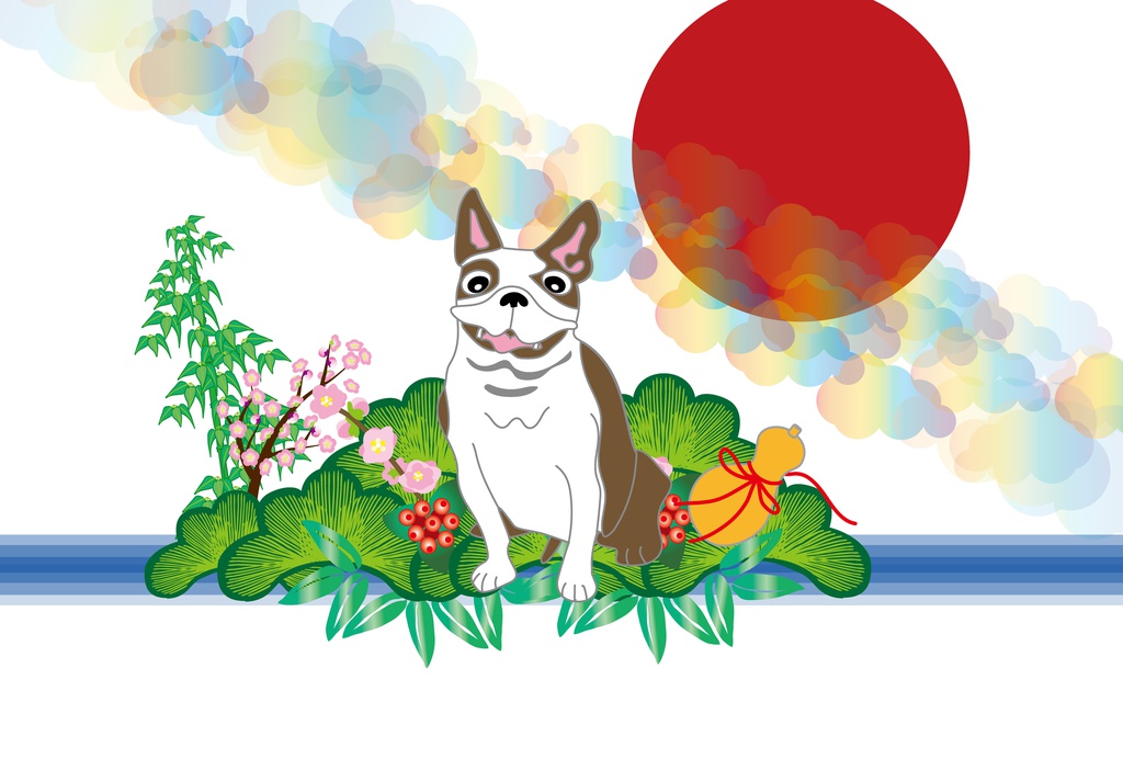 ポップな犬と松竹梅と日の出のポストカード