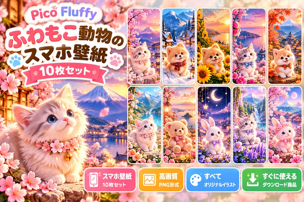【スマホ壁紙10枚セット】ふわもこ動物のかわいい癒し待ち受け｜猫・うさぎ・犬