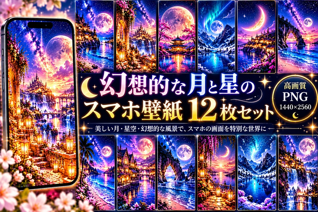 幻想的な月と星のスマホ壁紙12枚セット｜神秘的な星空・魔法の世界・高画質PNG