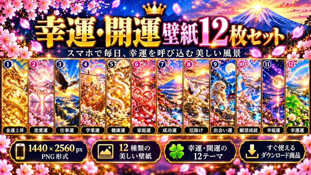 幸運・開運スマホ壁紙12枚セット|金運・恋愛運・仕事運・運気アップ