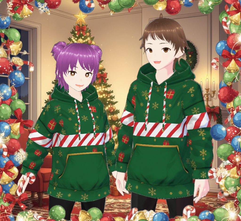 【VRoid】プレゼント柄（緑）パーカー テクスチャ / [VRoid] Christmas Hoodie Texture – Green Gift (PNG)