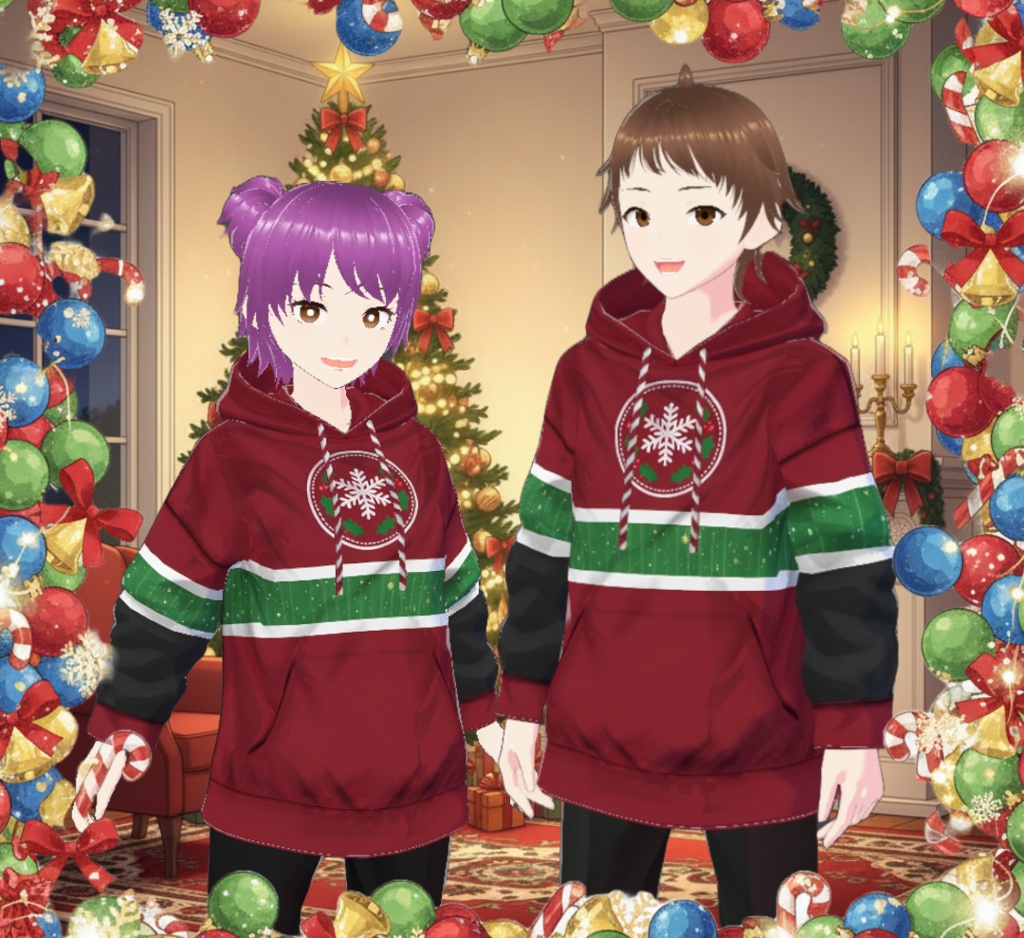 【VRoid】雪の結晶クレスト（赤×緑）パーカー テクスチャ / [VRoid] Christmas Hoodie Texture – Snowflake Crest (Red & Green) (PNG)