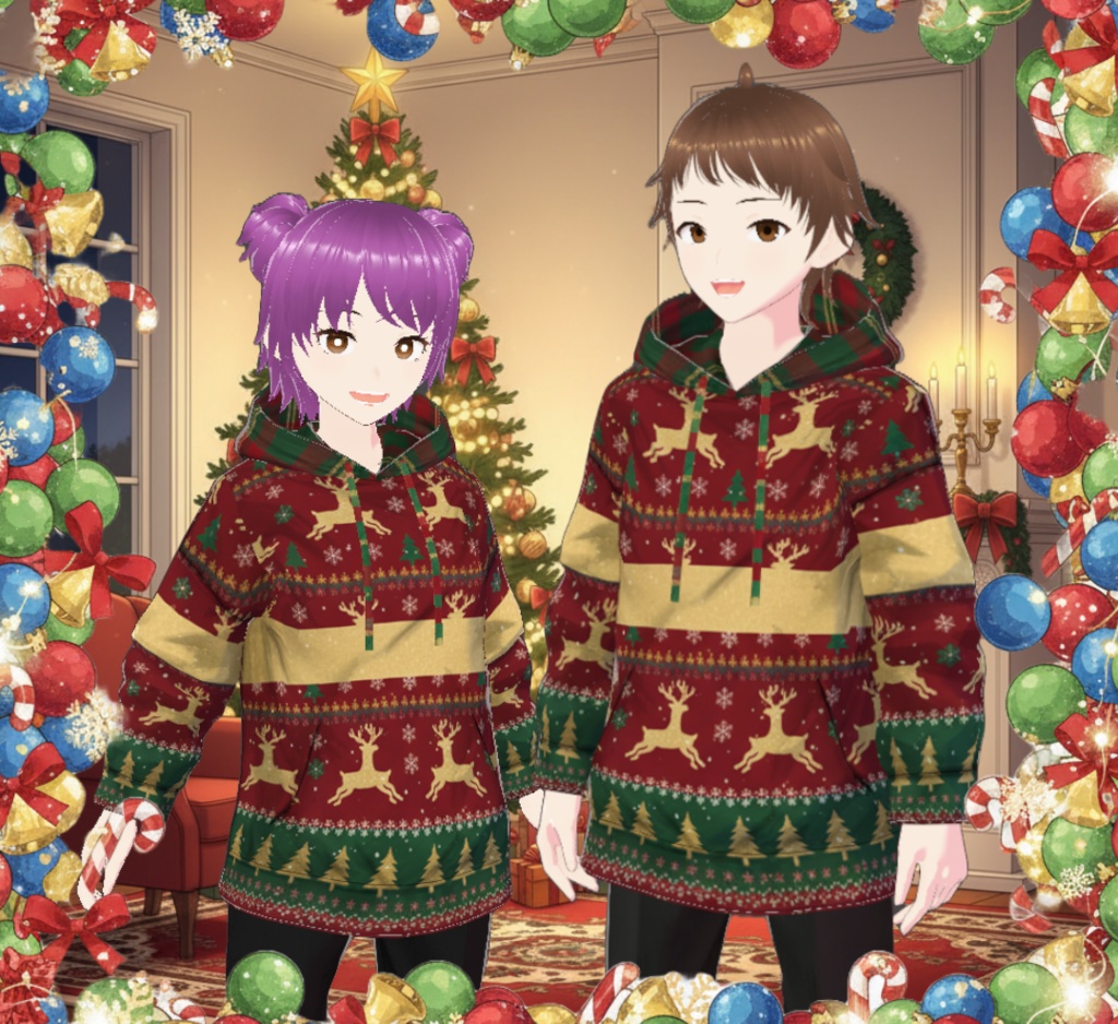 【VRoid】ゴールドトナカイ（赤×緑）パーカー テクスチャ / [VRoid] Christmas Hoodie Texture – Golden Reindeer (Red & Green) (PNG)