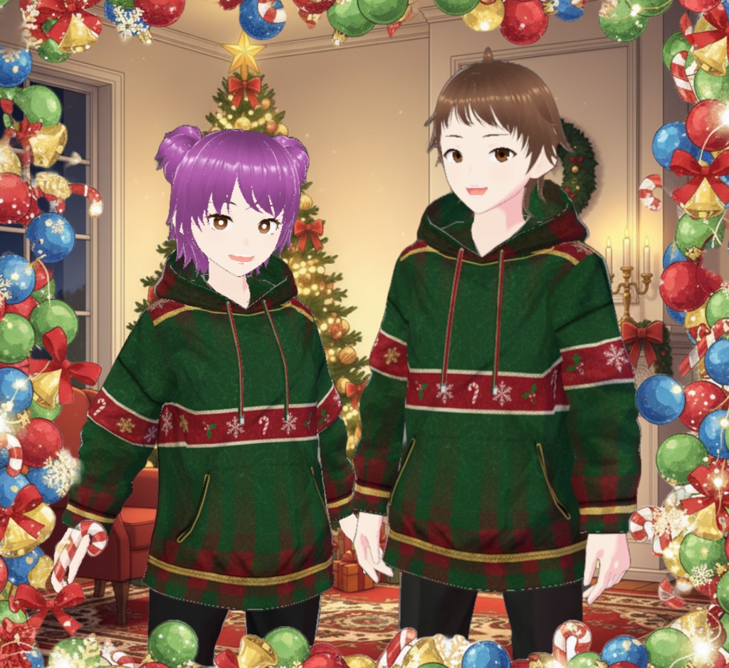 VRoid】緑タータン×キャンディケイン パーカー テクスチャ / [VRoid] Christmas Hoodie Texture – Green Tartan Candy Cane (PNG)