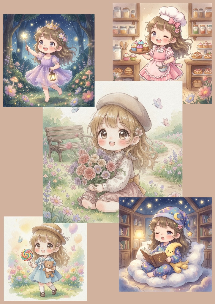 水彩画風ぬりえ＆カラー原画セット｜単品・5枚セット対応【ダウンロード版】