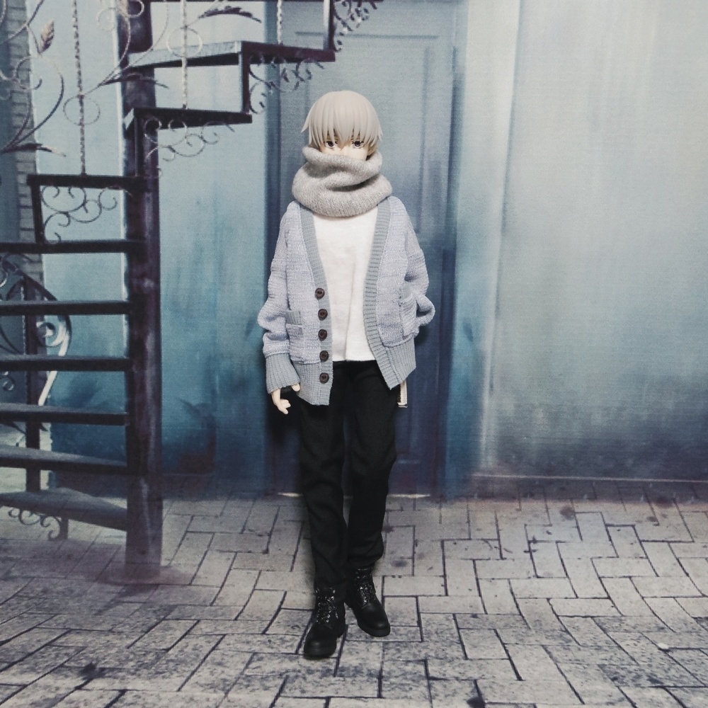 リブニットカーディ(ライトブルー杢)