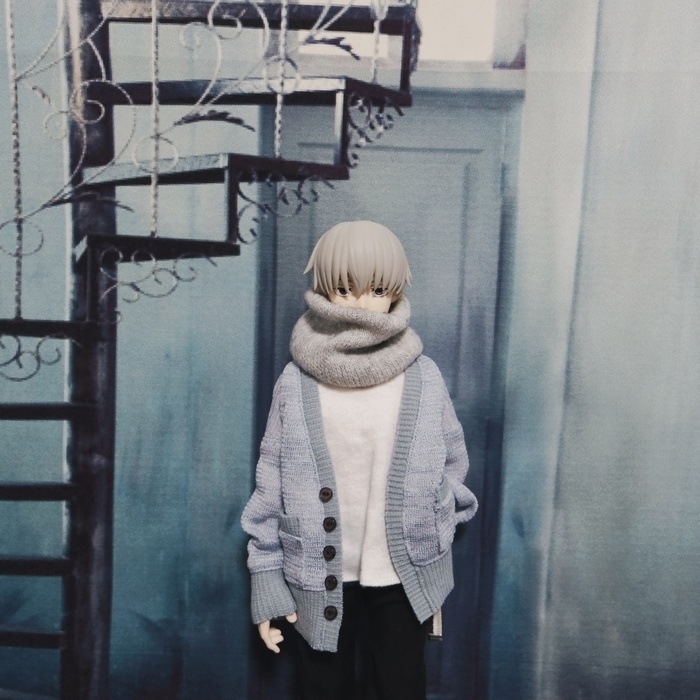 リブニットカーディ(ライトブルー杢)