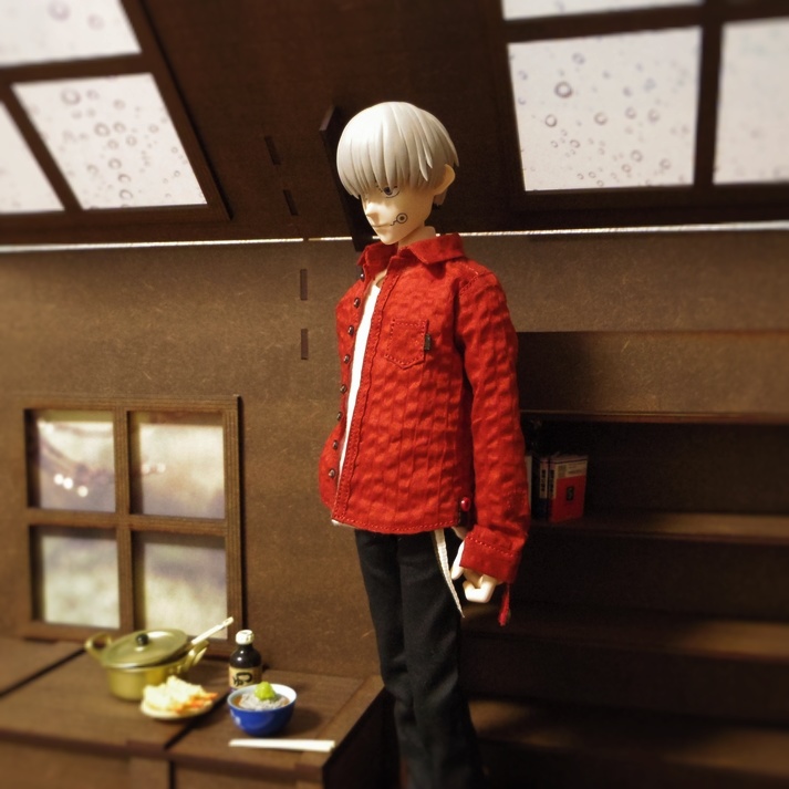 リボンネクタイ付きのロールアップシャツ(レッド)