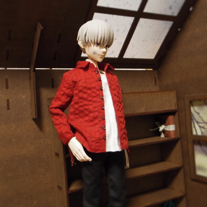 リボンネクタイ付きのロールアップシャツ(レッド)