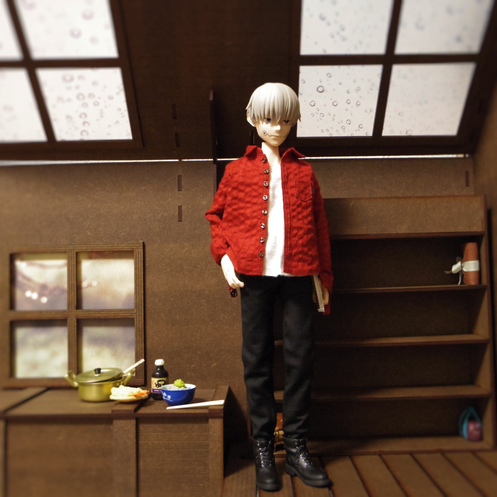 リボンネクタイ付きのロールアップシャツ(レッド)