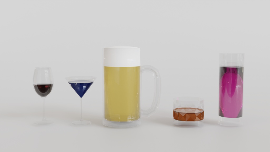 【3Dモデル】お酒グラスセット～ビールジョッキ、カクテルグラス2種、ワイングラス、ロックグラス～