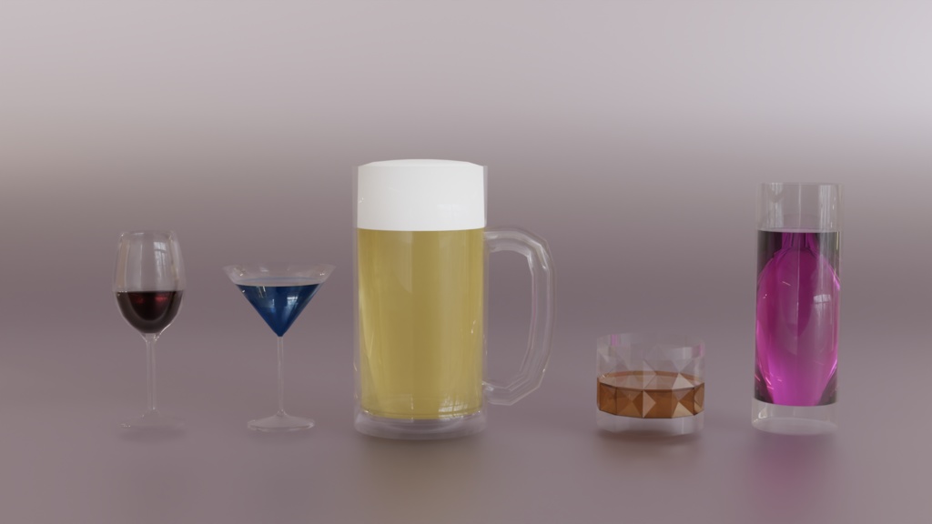 【3Dモデル】お酒グラスセット~ビールジョッキ、カクテルグラス2種、ワイングラス、ロックグラス~