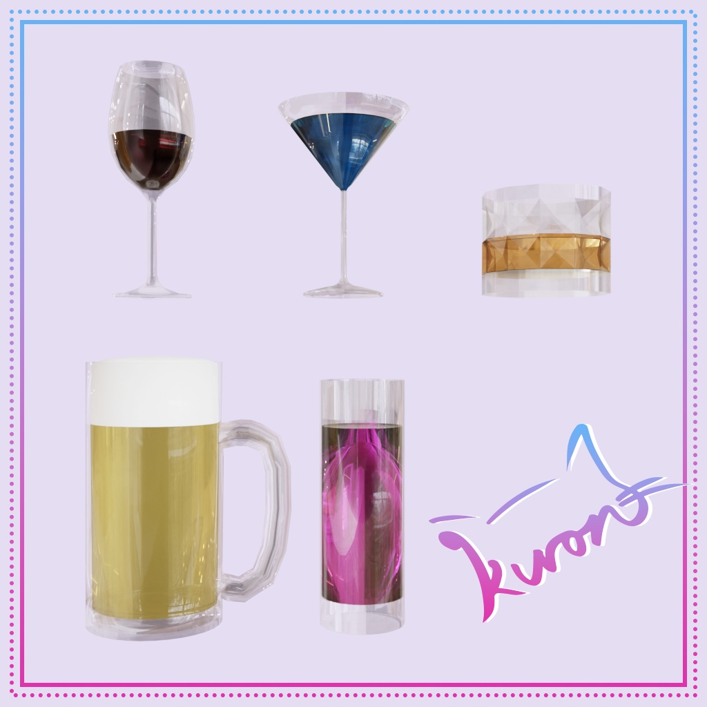 【3Dモデル】お酒グラスセット～ビールジョッキ、カクテルグラス2種、ワイングラス、ロックグラス～